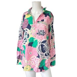 Talbots Colorful Floral Print Blouse Long Sleeve Popover Cotton Size Medium M